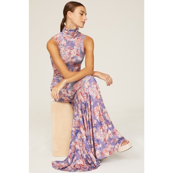 CAROLINE CONSTAS Blue Floral Mock Neck Sleeveless Trumpet Brigitta Gown Size M - Picture 4 of 15